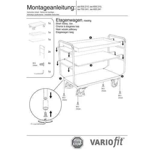 Etagenwagen mit 1 Tablett und 2 Böden 250 kg Typ M + EasySTOP