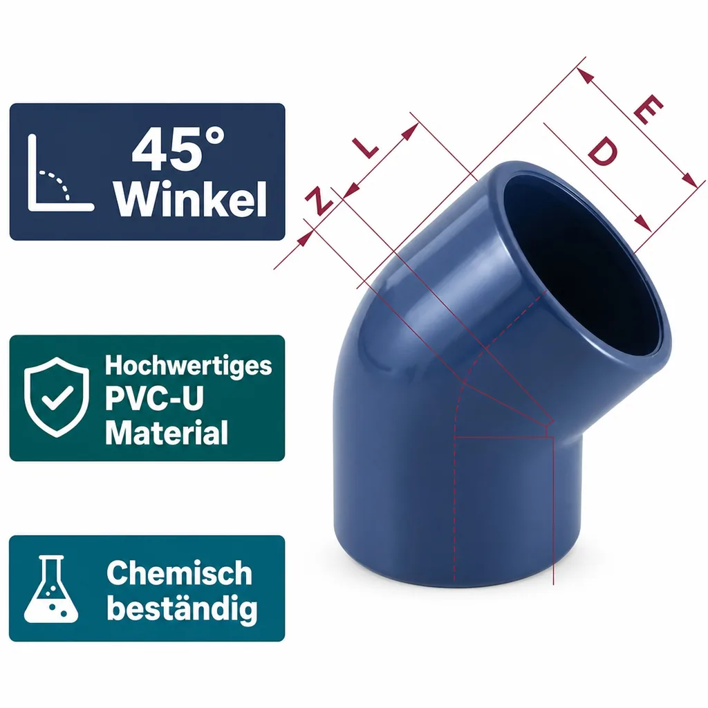 PVC Winkel 45 Grad, PVC Fitting 20mm, PVC-U Muffe, PN16