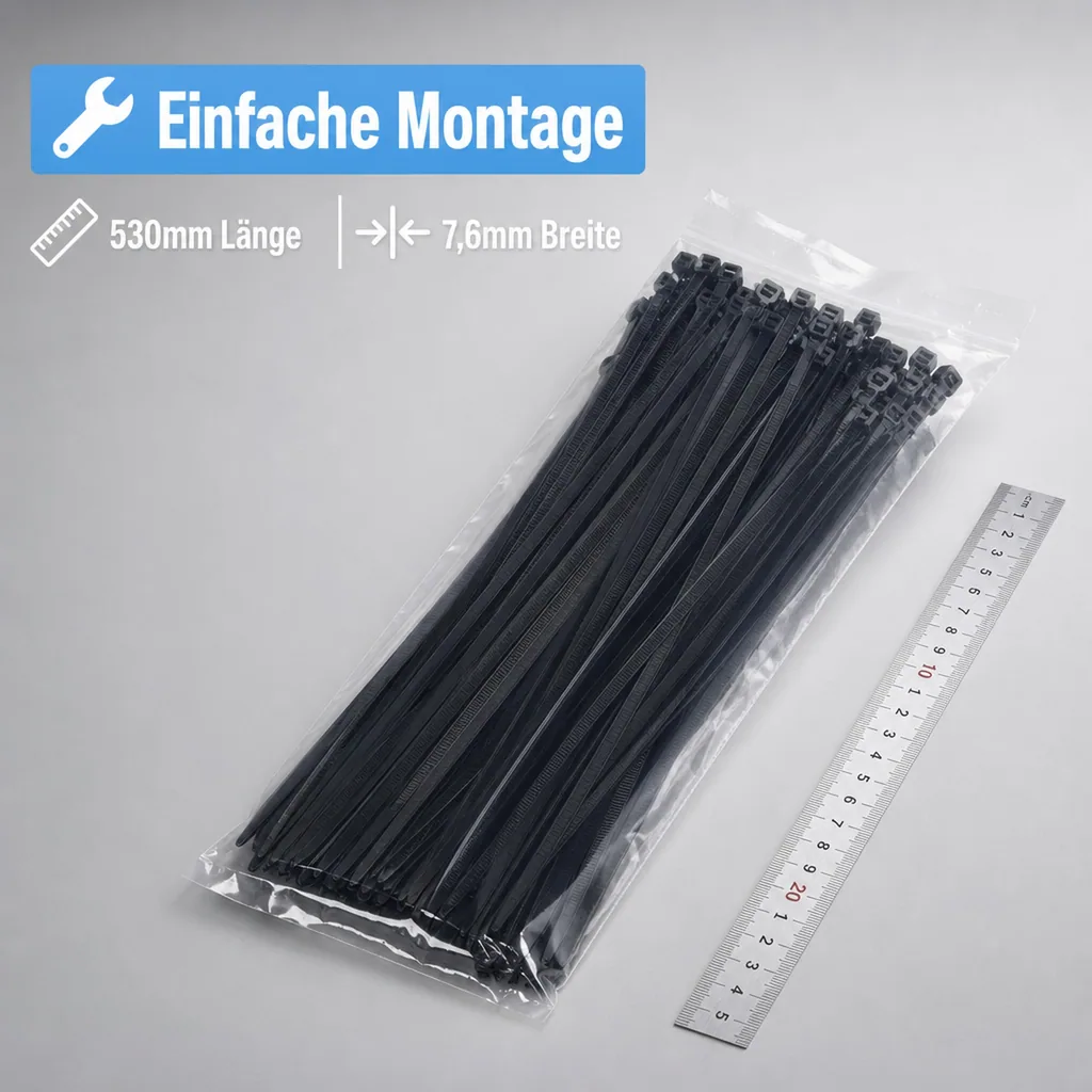 100 Kabelbinder 530x7,6mm schwarz (UV-stabilisiert) PA6.6