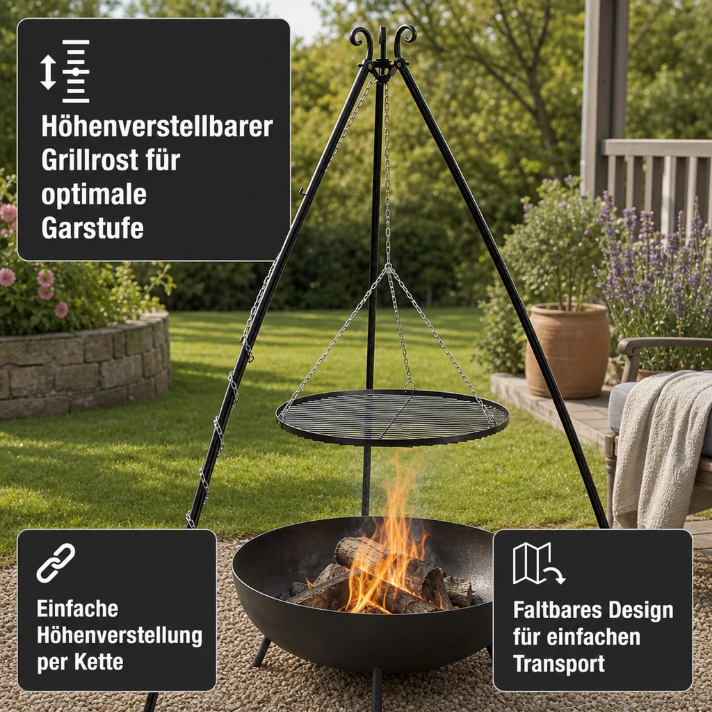 Schwenkgrill Set, Dreibein Grill 200cm, Grillrost 60cm, Gartengrill