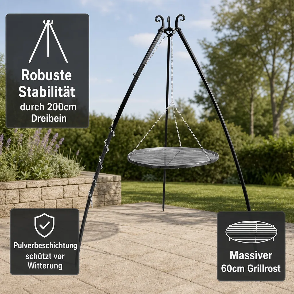 Schwenkgrill Set, Dreibein Grill 200cm, Grillrost 60cm, Gartengrill