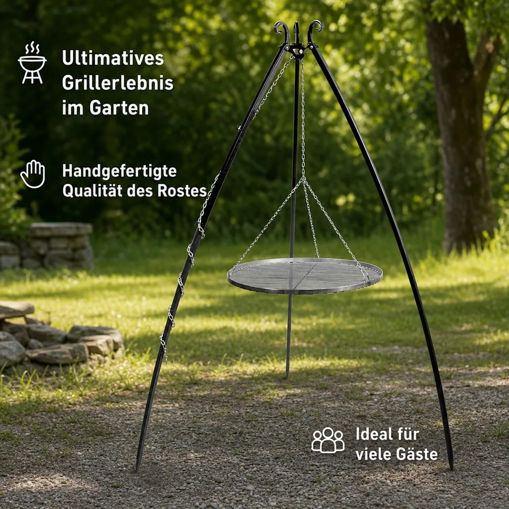 Schwenkgrill Set, Dreibein Grill 200cm, Grillrost 60cm, Gartengrill