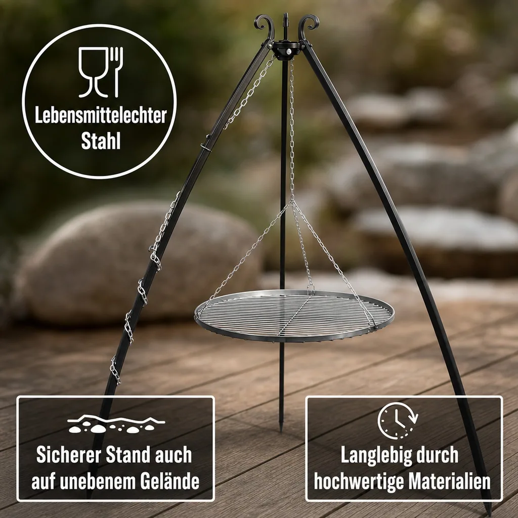 Schwenkgrill Set, Dreibein Grill 200cm, Grillrost 60cm, Gartengrill