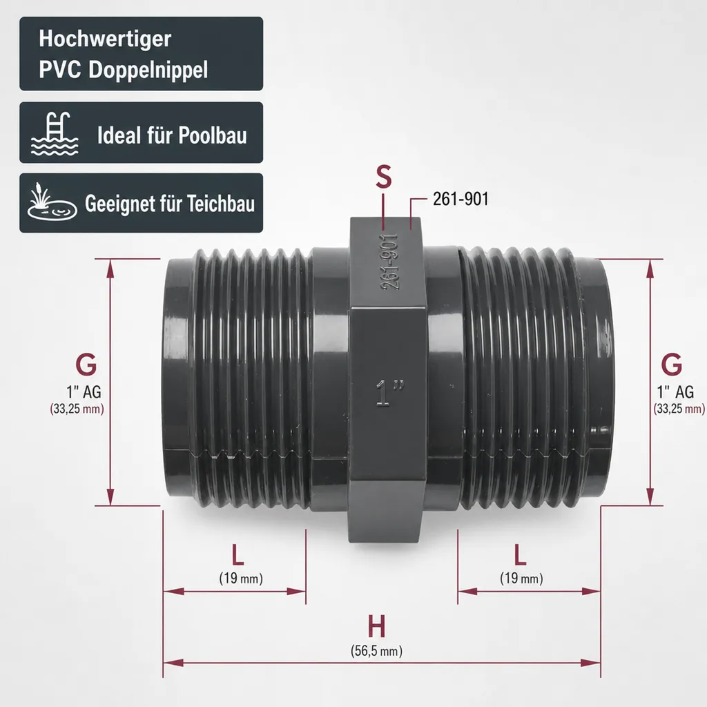 PVC Fitting, PVC Doppelnippel 1", AG x AG, Rohrverbinder