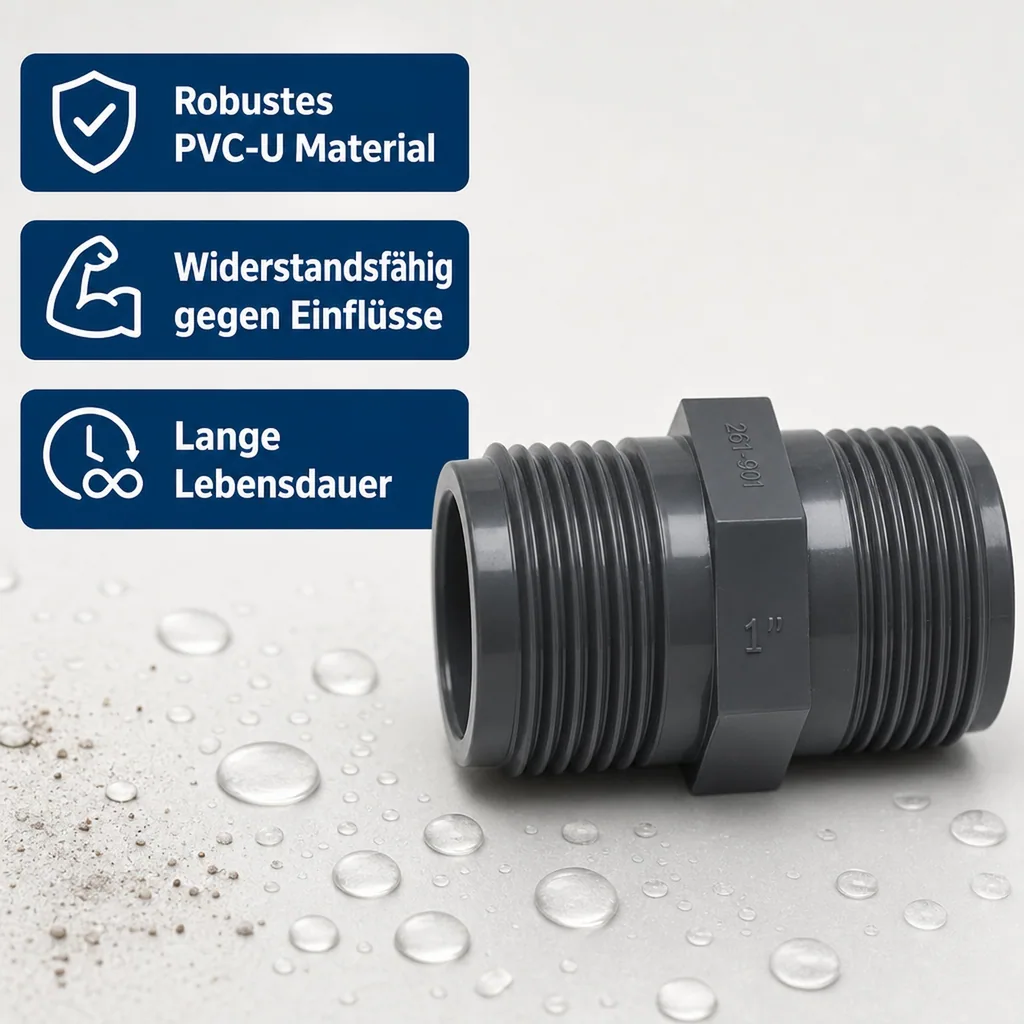 PVC Fitting, PVC Doppelnippel 1", AG x AG, Rohrverbinder