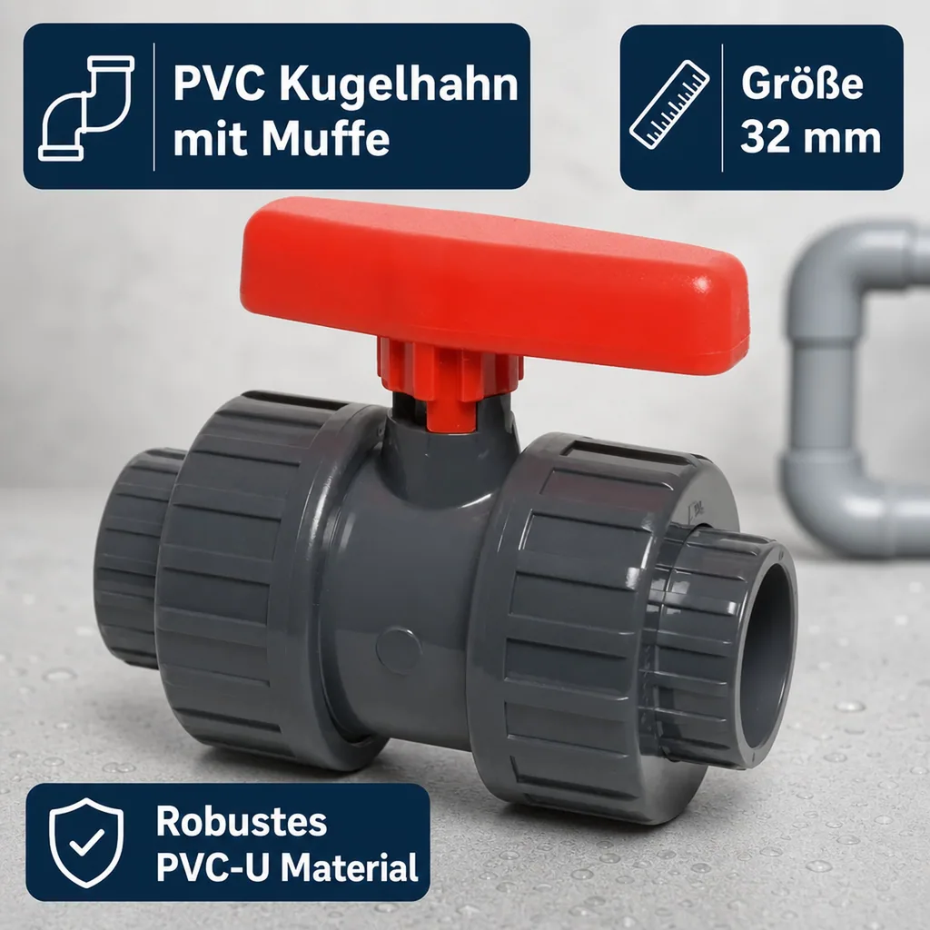 PVC Kugelhahn 32mm, Muffe PN16, Pool, Teich, Aquaristik