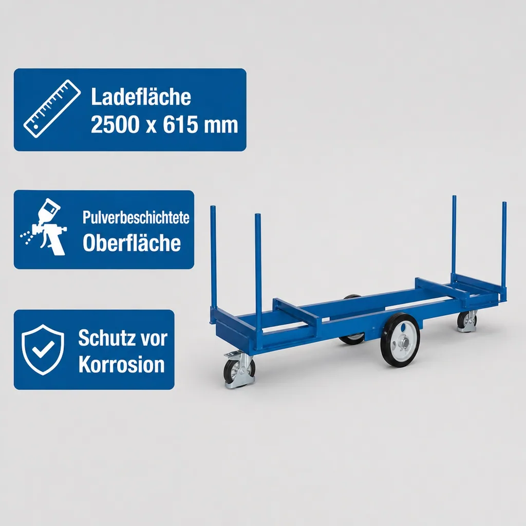 Langmaterialwagen, Materialwagen, 2000 kg Traglast, mit 4 Rungen, 2500 mm