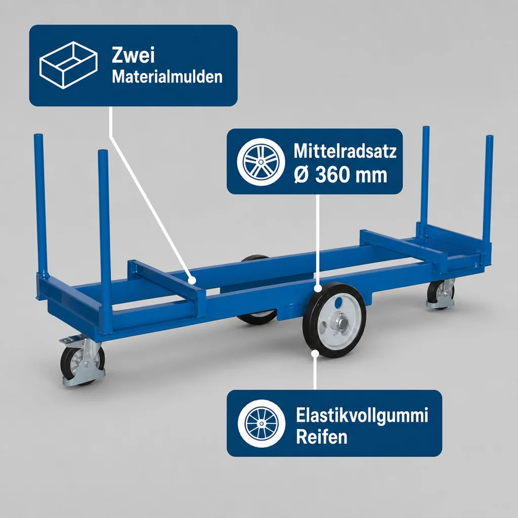 Langmaterialwagen, Materialwagen, 2000 kg Traglast, mit 4 Rungen, 2500 mm