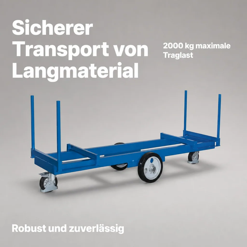 Langmaterialwagen, Materialwagen, 2000 kg Traglast, mit 4 Rungen, 2500 mm