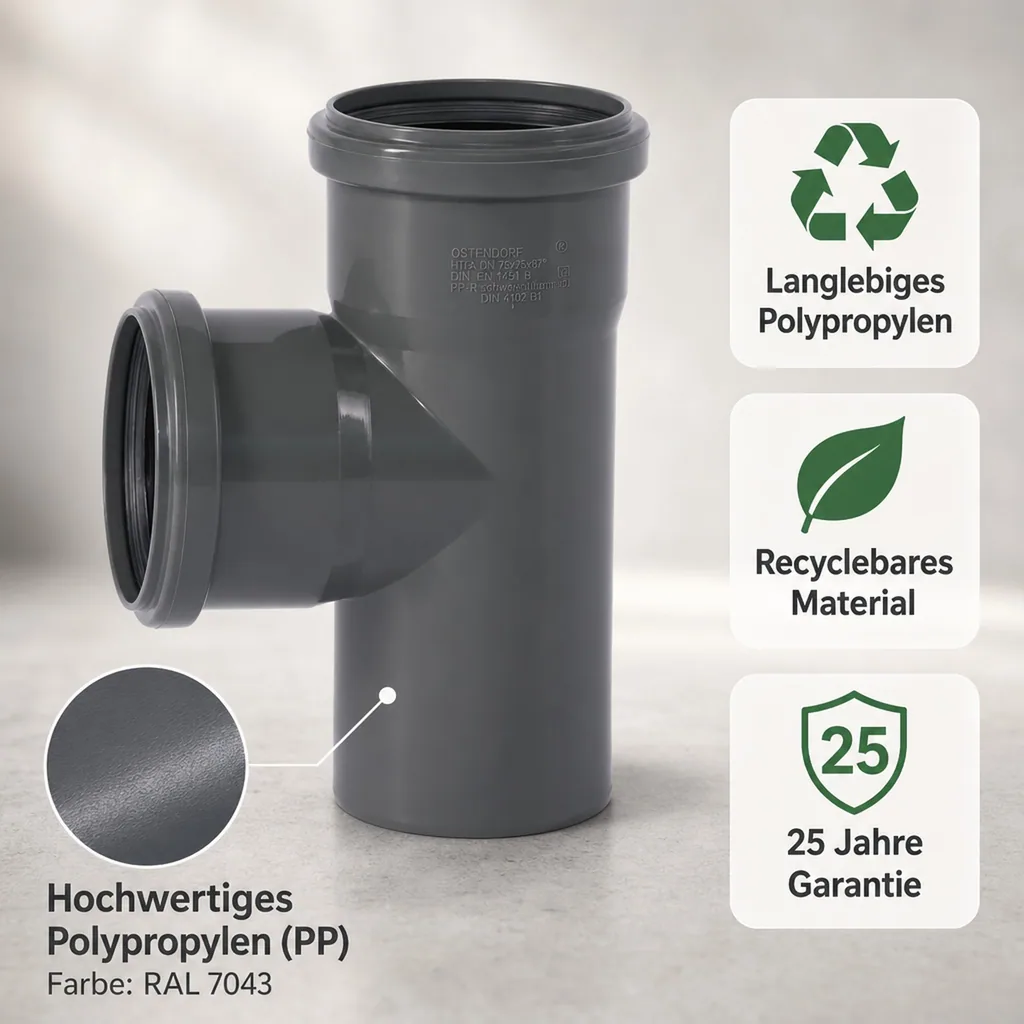HT Rohr 75mm, HT Abzweig 75, 87 Grad, Abwasserrohr, HTsafeEA