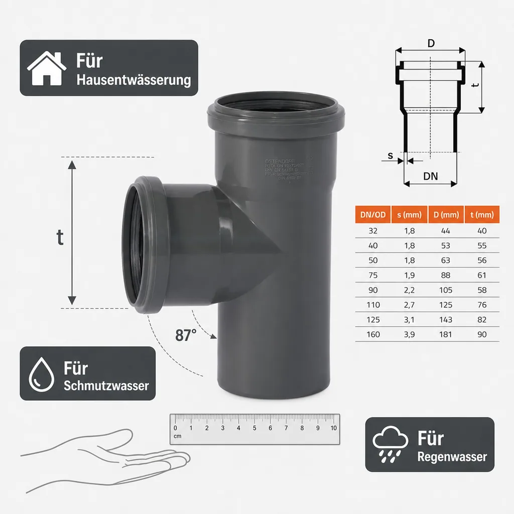HT Rohr 75mm, HT Abzweig 75, 87 Grad, Abwasserrohr, HTsafeEA