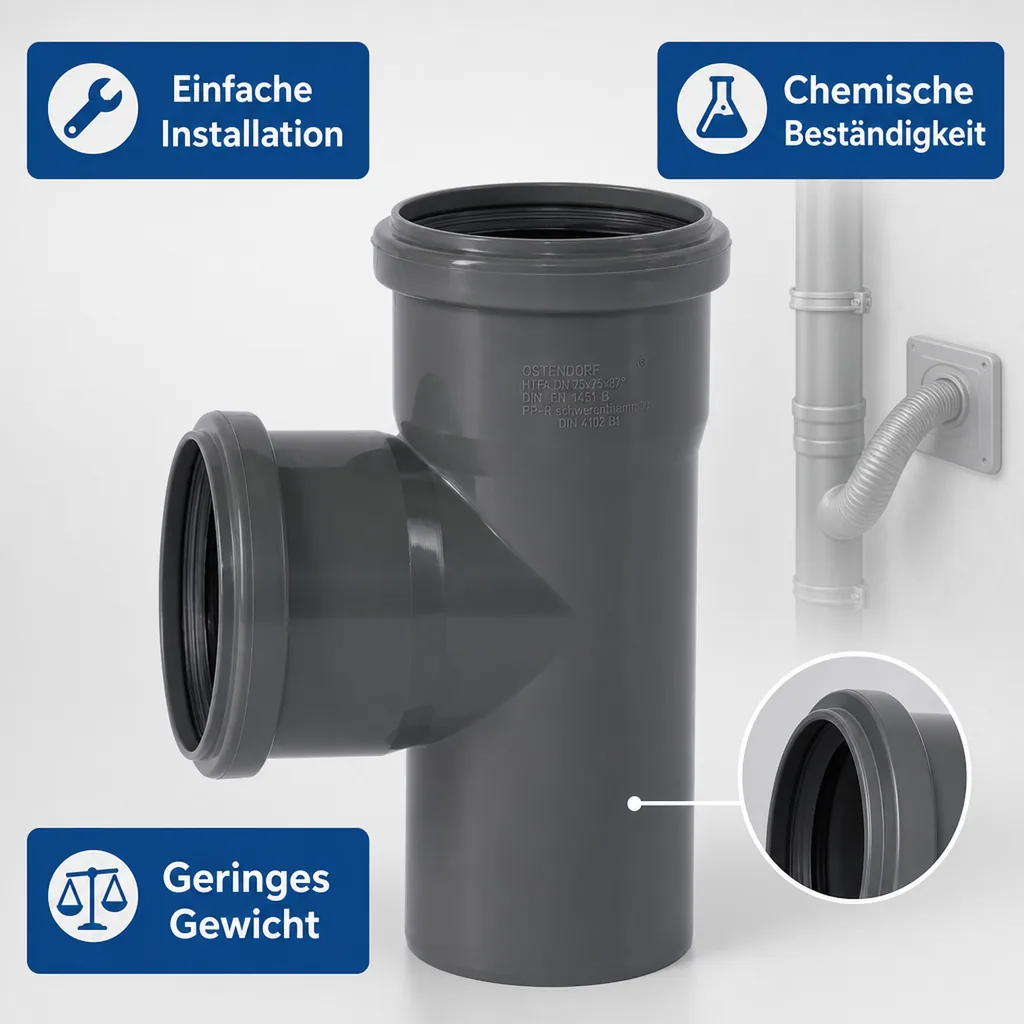 HT Rohr 75mm, HT Abzweig 75, 87 Grad, Abwasserrohr, HTsafeEA