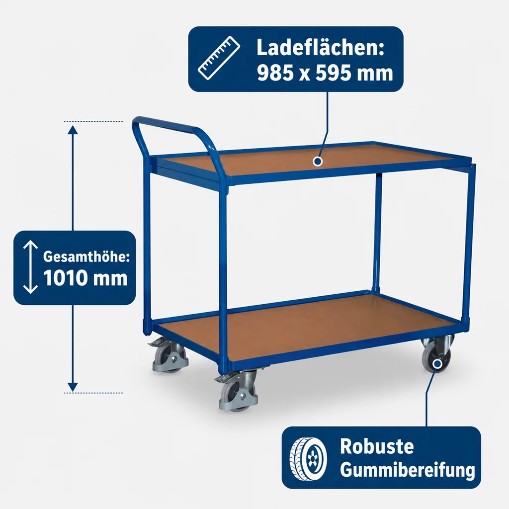 Tischwagen 250 kg mit 2 Ladeflächen hoher Schiebebügel Typ L + EasySTOP