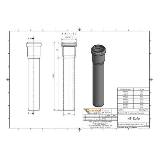 HT Rohr 32mm, Abwasserrohr DN32, 2m, HTSafeEM, grau