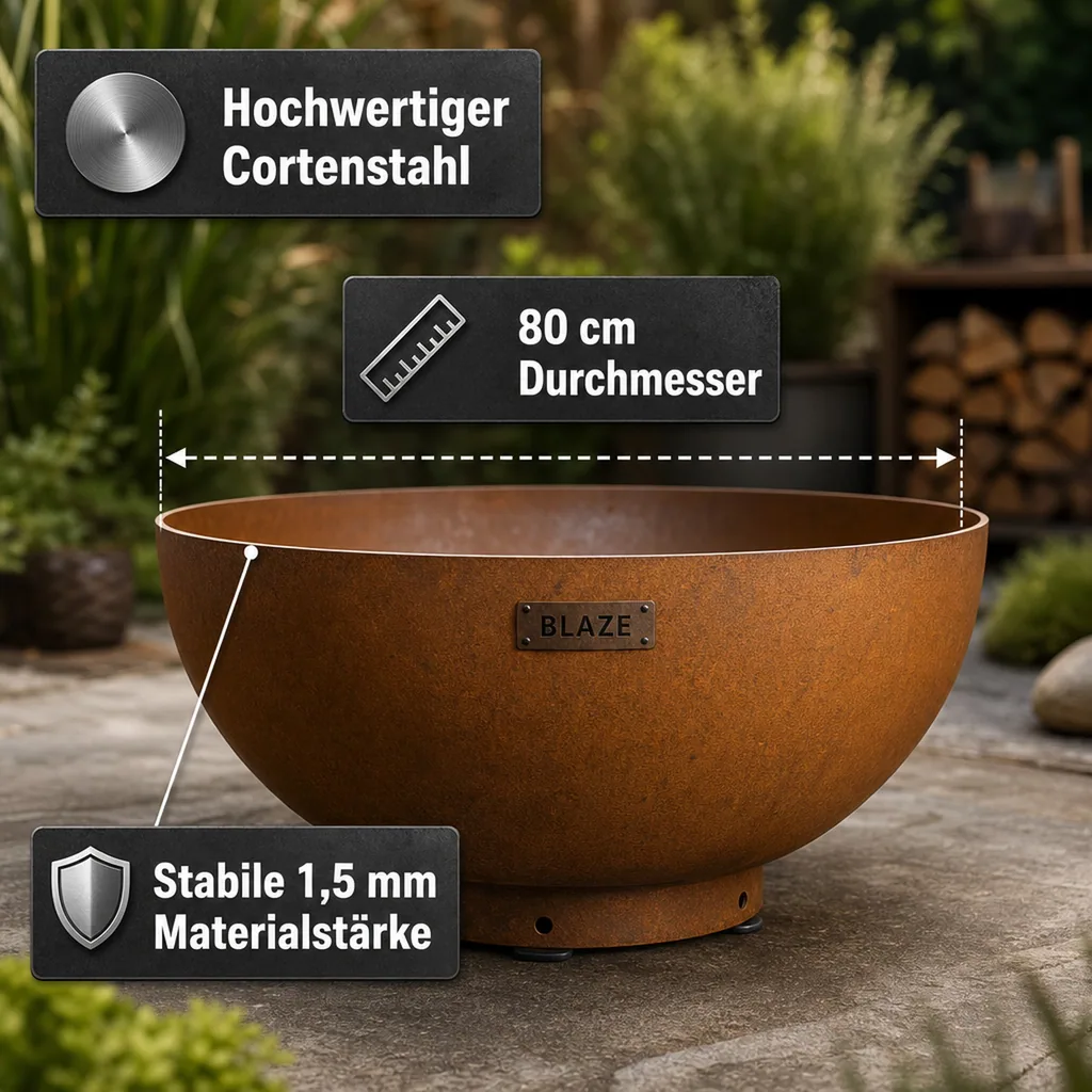 Feuerschale Cortenstahl 80 cm, Gartenfeuerstelle