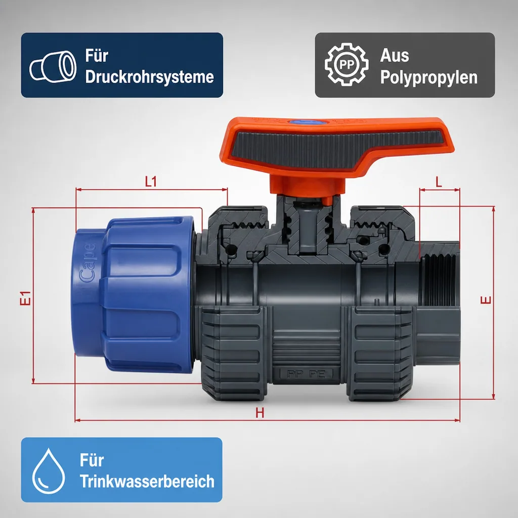 PP PE Rohr Verschraubung Kugelhahn 32 x 1" IG