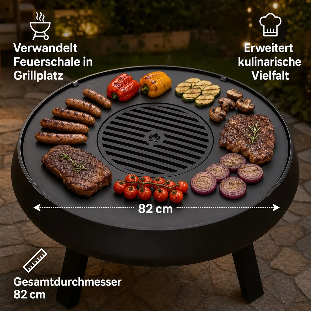 Grillplatte Feuerschale, 82cm, mit Grillrost 40cm, Naturstahl