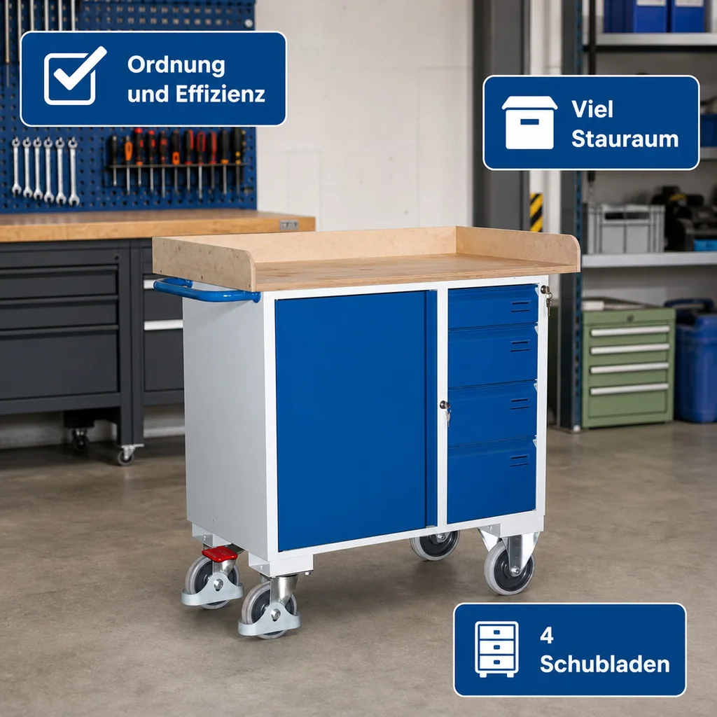 Werkstattwagen, mit Schubladen, 4 Schubladen, 1 Schrank, 400 kg Traglast