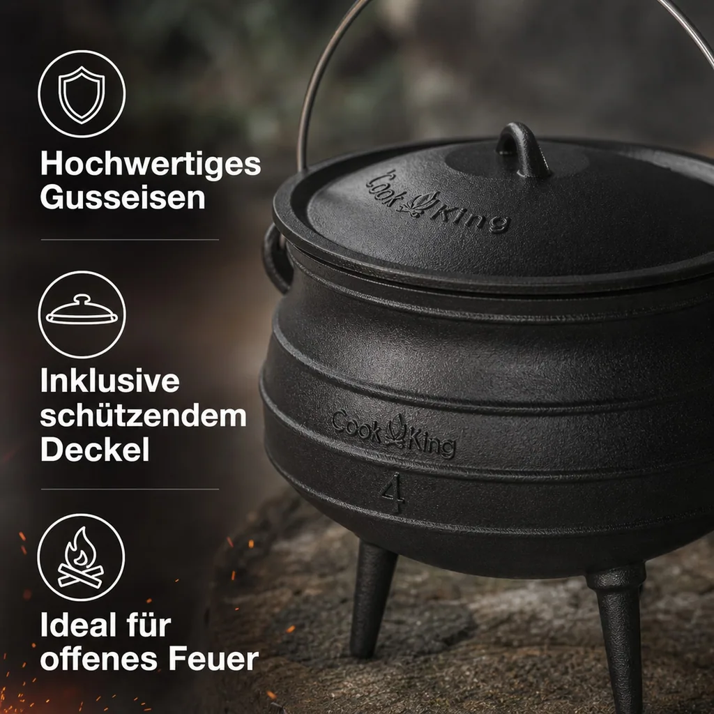 Gusseisenkessel 6 l, Gulaschkessel, Feuertopf, Kochen am offenen Feuer