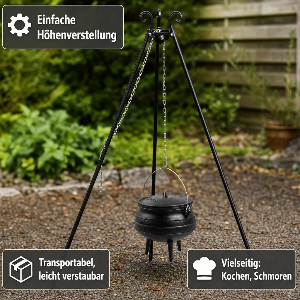 Gusseisenkessel, Dreibein Grill, Feuerkessel, 6L, mit Dreibein 180 cm