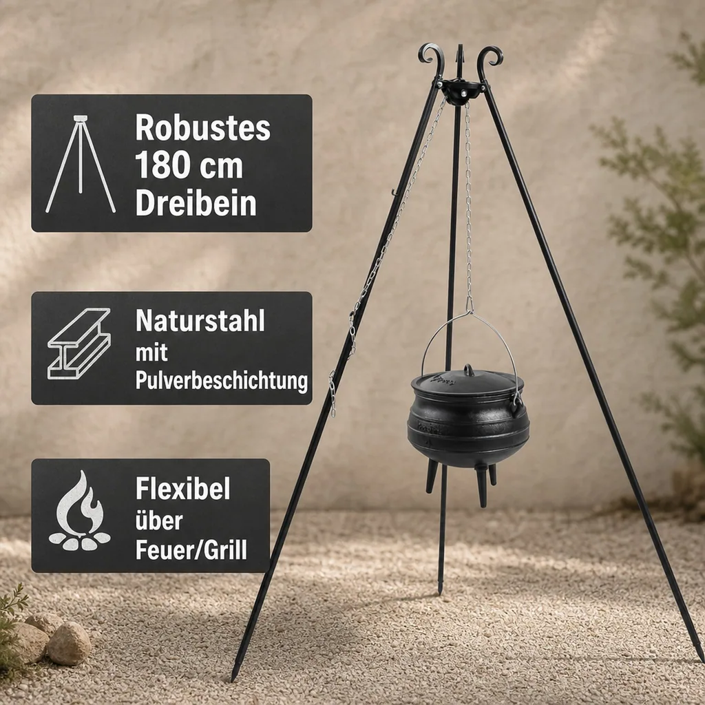 Gusseisenkessel, Dreibein Grill, Feuerkessel, 6L, mit Dreibein 180 cm
