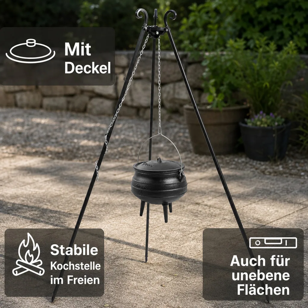 Gusseisenkessel, Dreibein Grill, Feuerkessel, 6L, mit Dreibein 180 cm