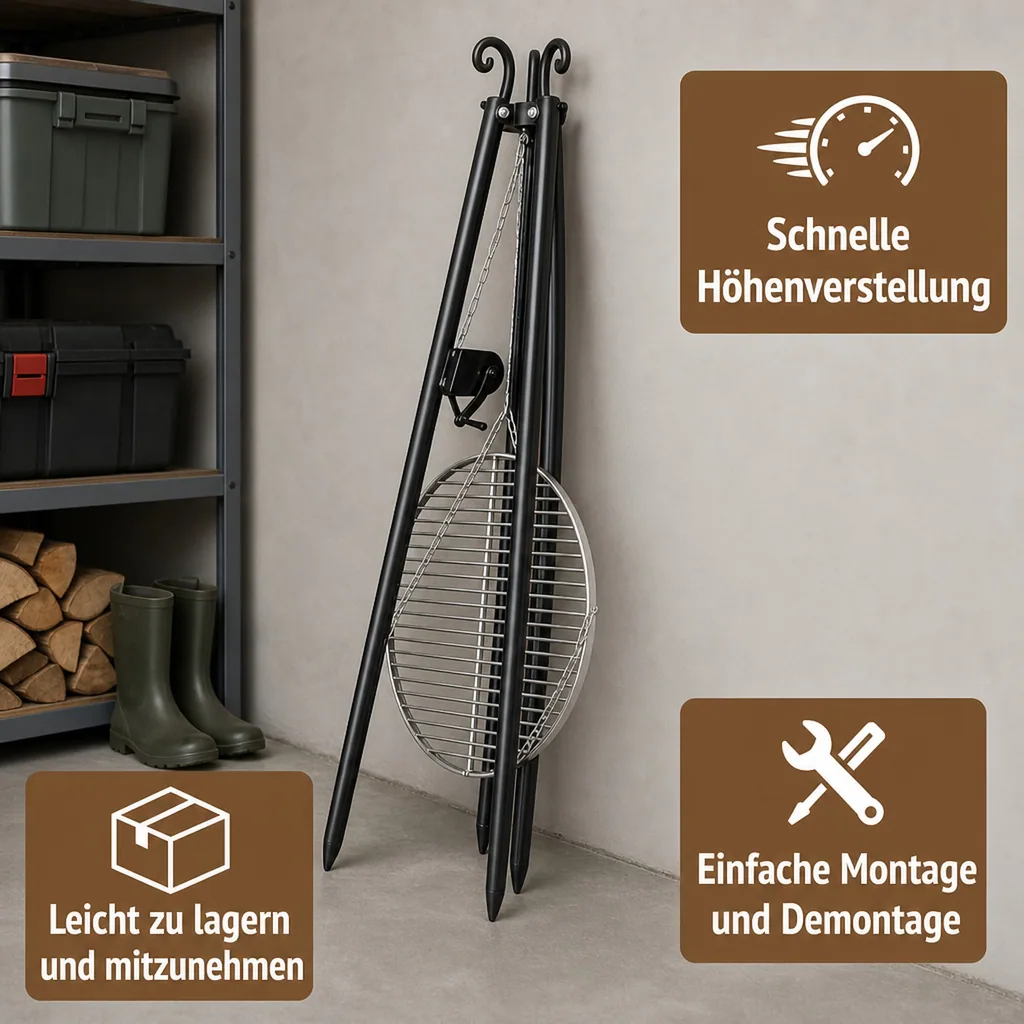 Schwenkgrill, Edelstahl Grillrost 60 cm, Dreibein Grill 200 cm, mit Kurbel