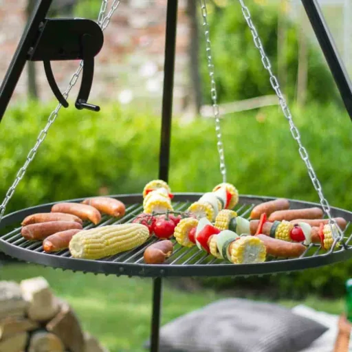 Schwenkgrill Set, Dreibein Grill 180 cm, Grillrost 70 cm, mit Kurbel