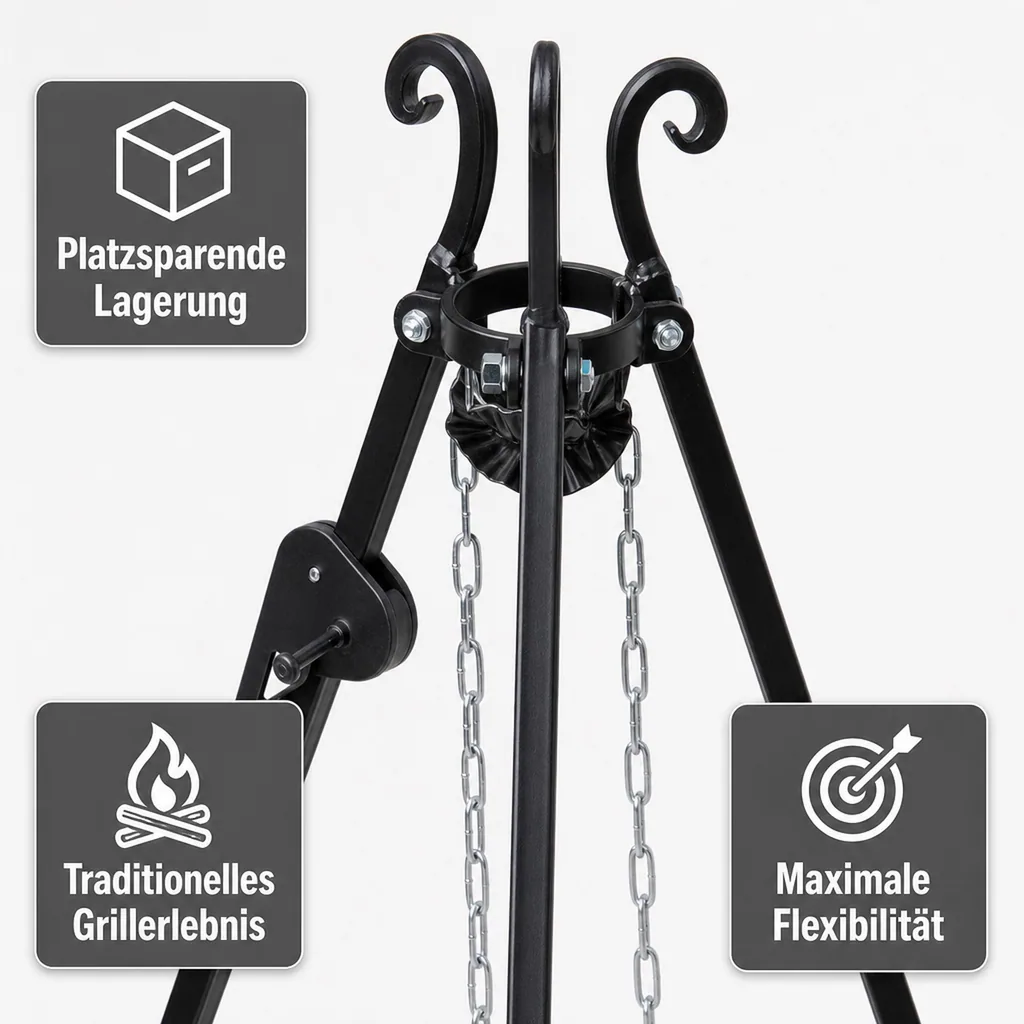 Schwenkgrill Set, Dreibein Grill 180 cm, Grillrost 70 cm, mit Kurbel
