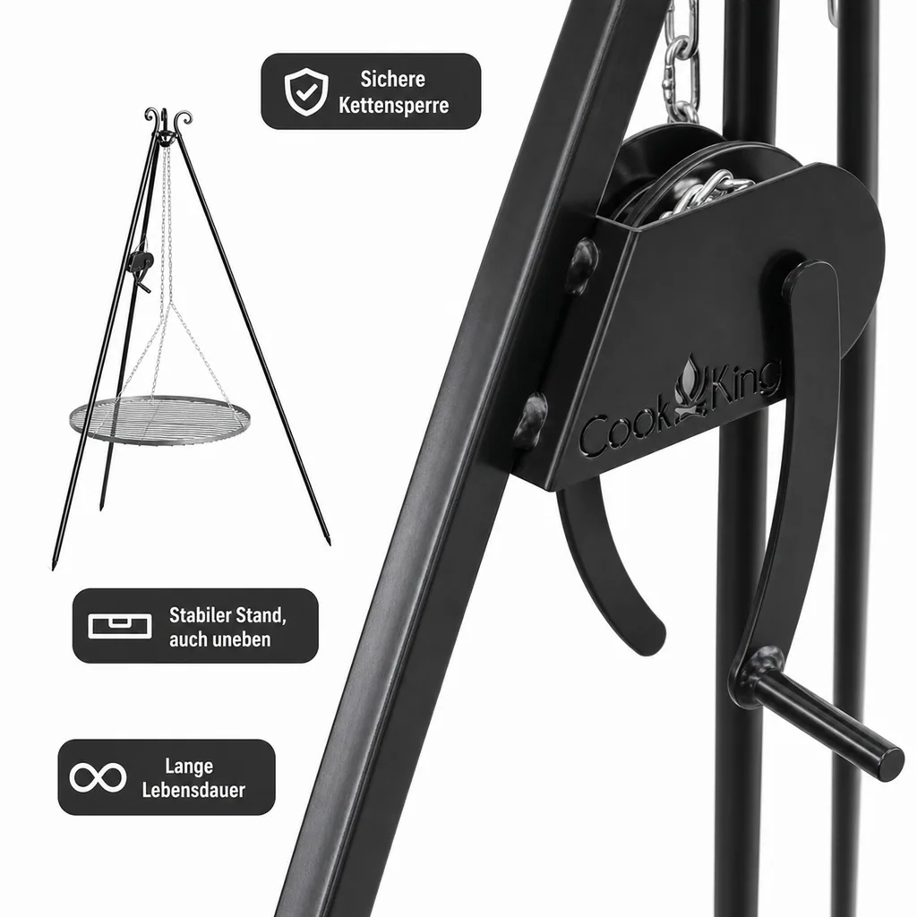 Schwenkgrill Set, Dreibein Grill 180 cm, Grillrost 70 cm, mit Kurbel