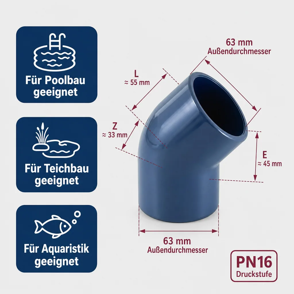 PVC - U 45° Winkel Muffe 63 mm PN16