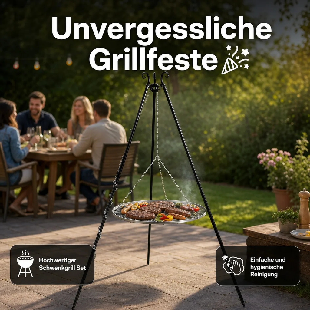 Schwenkgrill, Dreibein Schwenkgrill, Grillrost Edelstahl 80cm, Schwenkgrill Set, Grill mit Dreibein