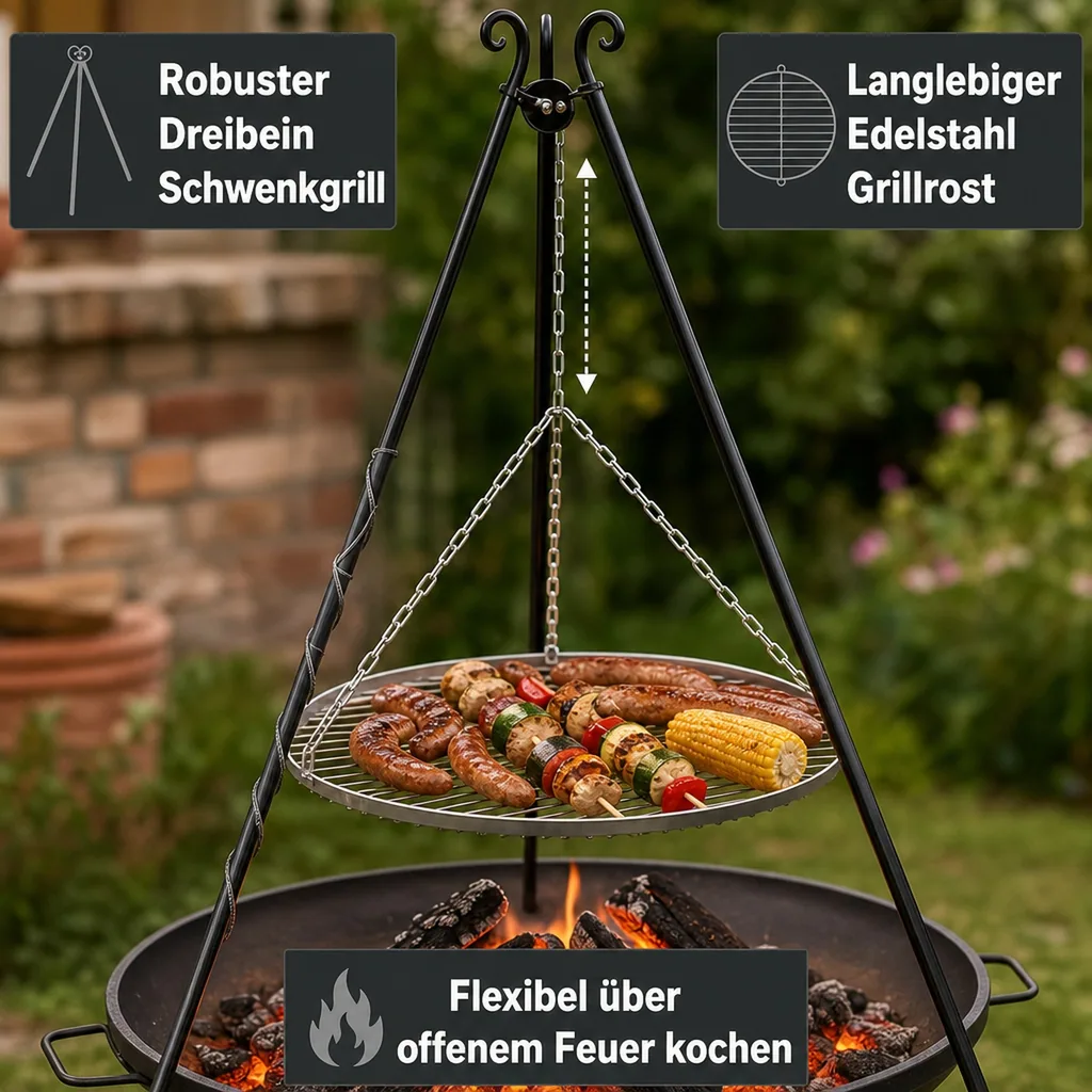Schwenkgrill, Dreibein Schwenkgrill, Grillrost Edelstahl 80cm, Schwenkgrill Set, Grill mit Dreibein