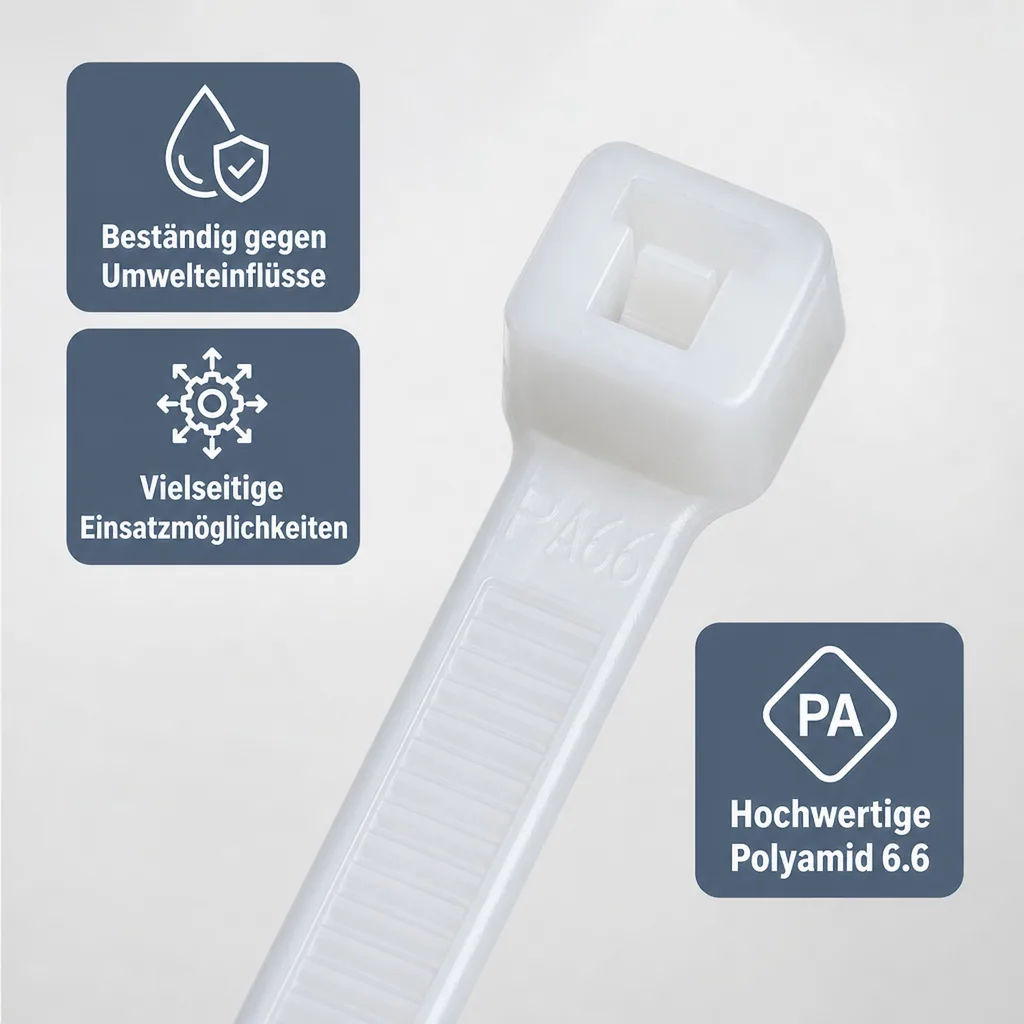 Kabelbinder 250x7,6mm, 100 Stück, natur weiss, PA6.6, Standard Kabelbinder