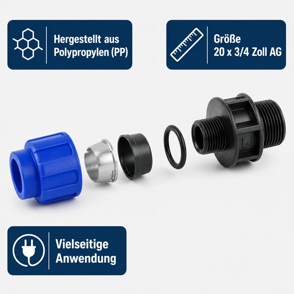 PE Rohr Verschraubung, Kupplung 20mm, 3/4 Zoll AG, Trinkwasser geeignet