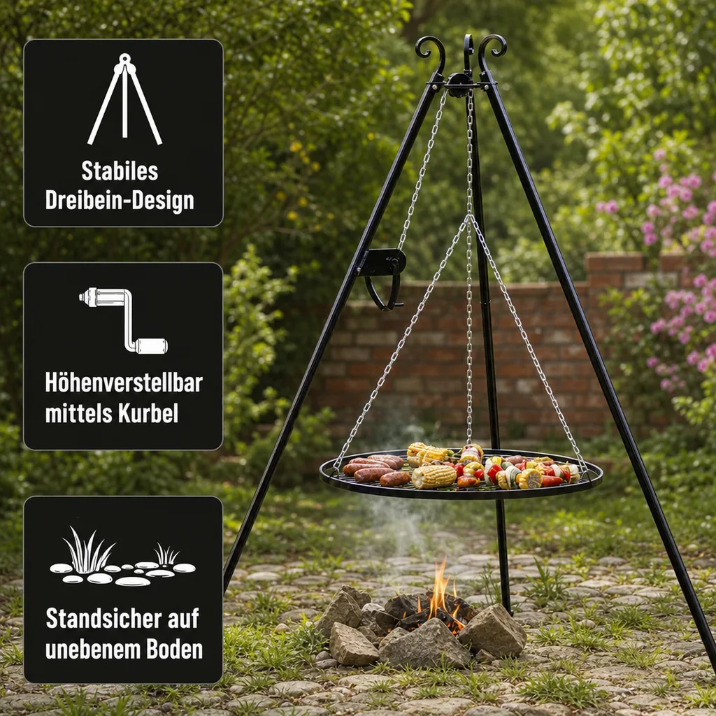 Schwenkgrill 180 cm + Grillrost aus Edelstahl 50 cm + Kurbel