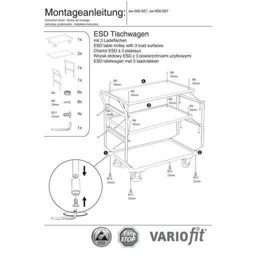 ESD Tischwagen, 3 Ladeflächen, EasySTOP, graphitgrau, 250kg Traglast
