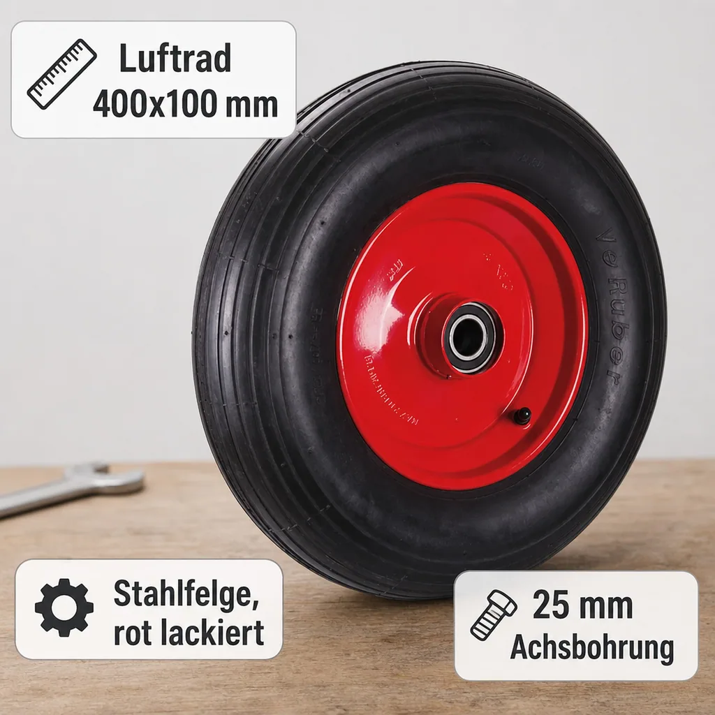 Luftrad 400x100, Rad für Sackkarre, 25mm Achse, Stahlfelge