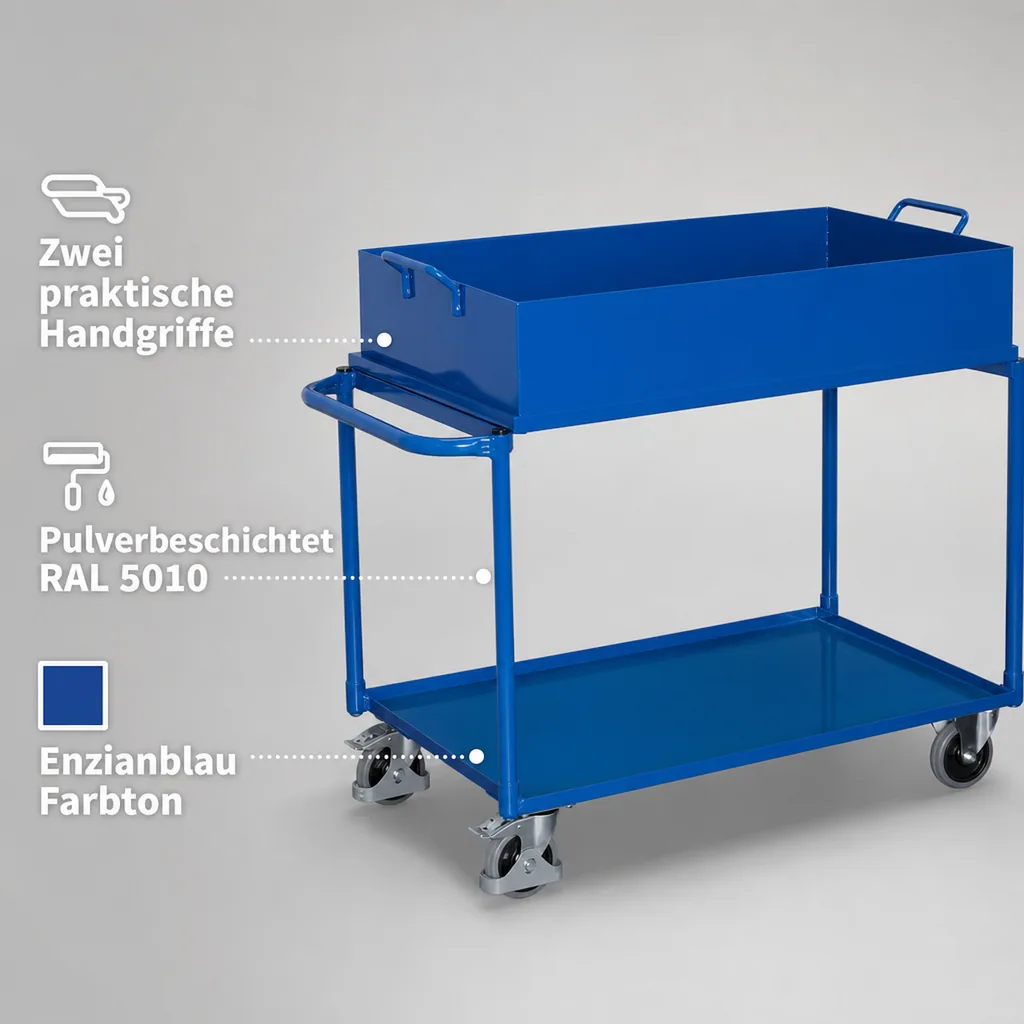 Tischwagen mit 2 Etagen und abnehmbarer Stahlblechwanne + EasySTOP