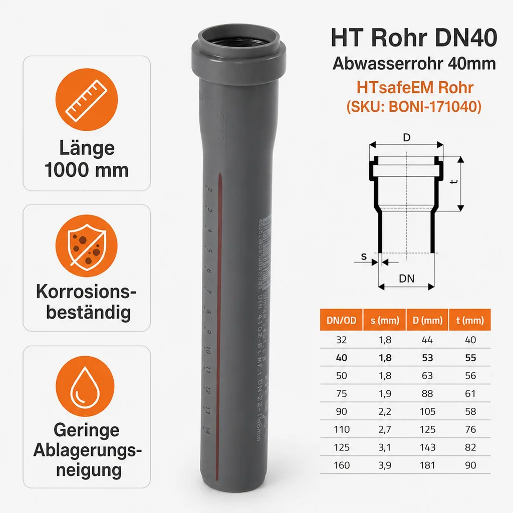 HT Rohr DN40, Abwasserrohr 40mm, HTsafeEM Rohr