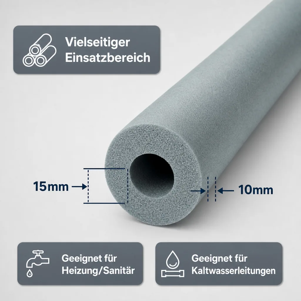 Rohrisolierung, Heizungsrohrisolierung 15mm, 2m Kautschuk, Dämmung 50% GEG