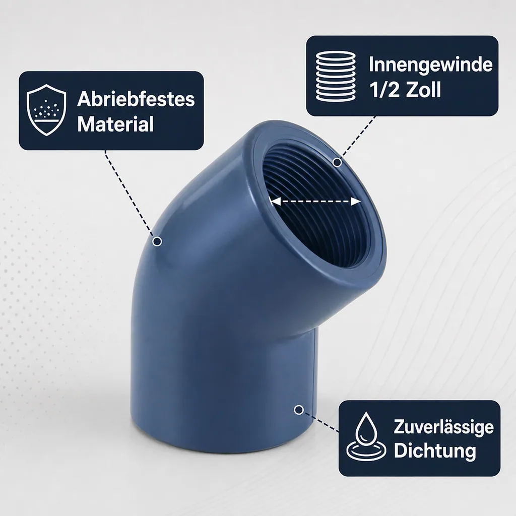 PVC Winkel 45 Grad, PVC Fitting, 1/2 Zoll Innengewinde, PN10