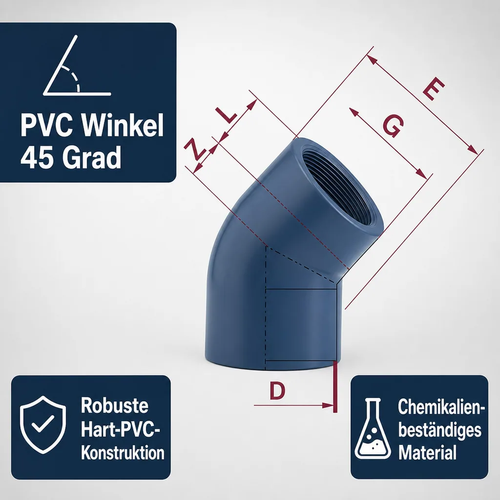 PVC Winkel 45 Grad, PVC Fitting, 1/2 Zoll Innengewinde, PN10