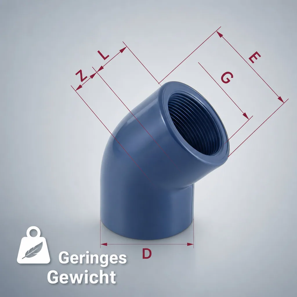 PVC Winkel 45 Grad, PVC Fitting, 1/2 Zoll Innengewinde, PN10