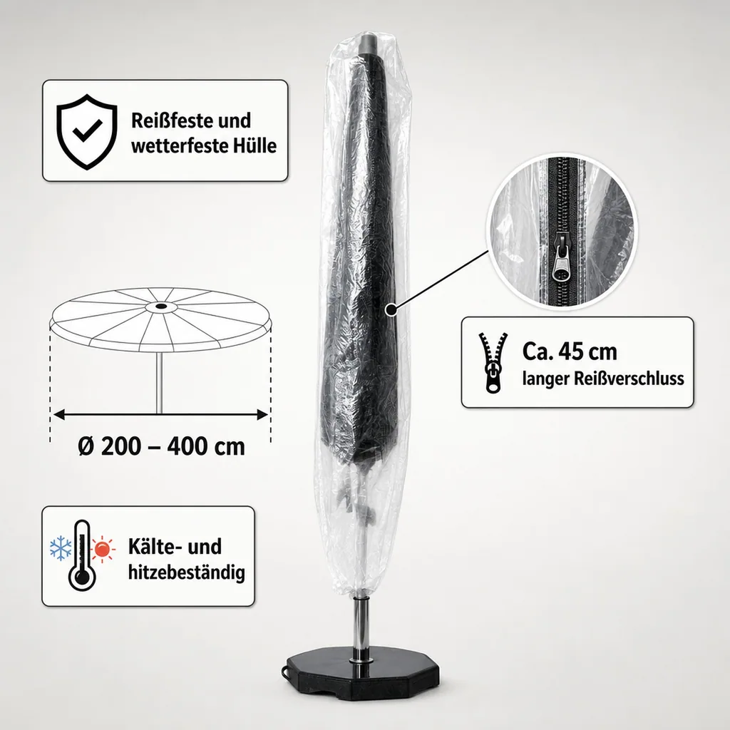 Gartenschirm Schutzhülle transparent, Ø200-400cm, 30x193cm, Gartenschirm Abdeckung