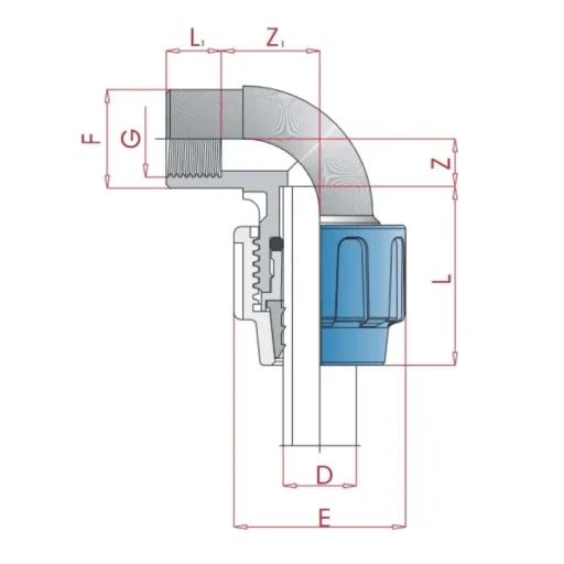 PE Rohr Verschraubung, 90° Winkel, 40mm, Klemmfitting