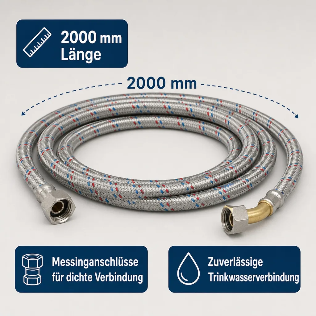Panzerschlauch 1/2 Zoll, Edelstahl, DVGW, Flexibel, 2000mm, Trinkwasser