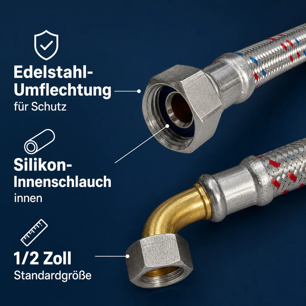 Panzerschlauch 1/2 Zoll, Edelstahl, DVGW, Flexibel, 2000mm, Trinkwasser