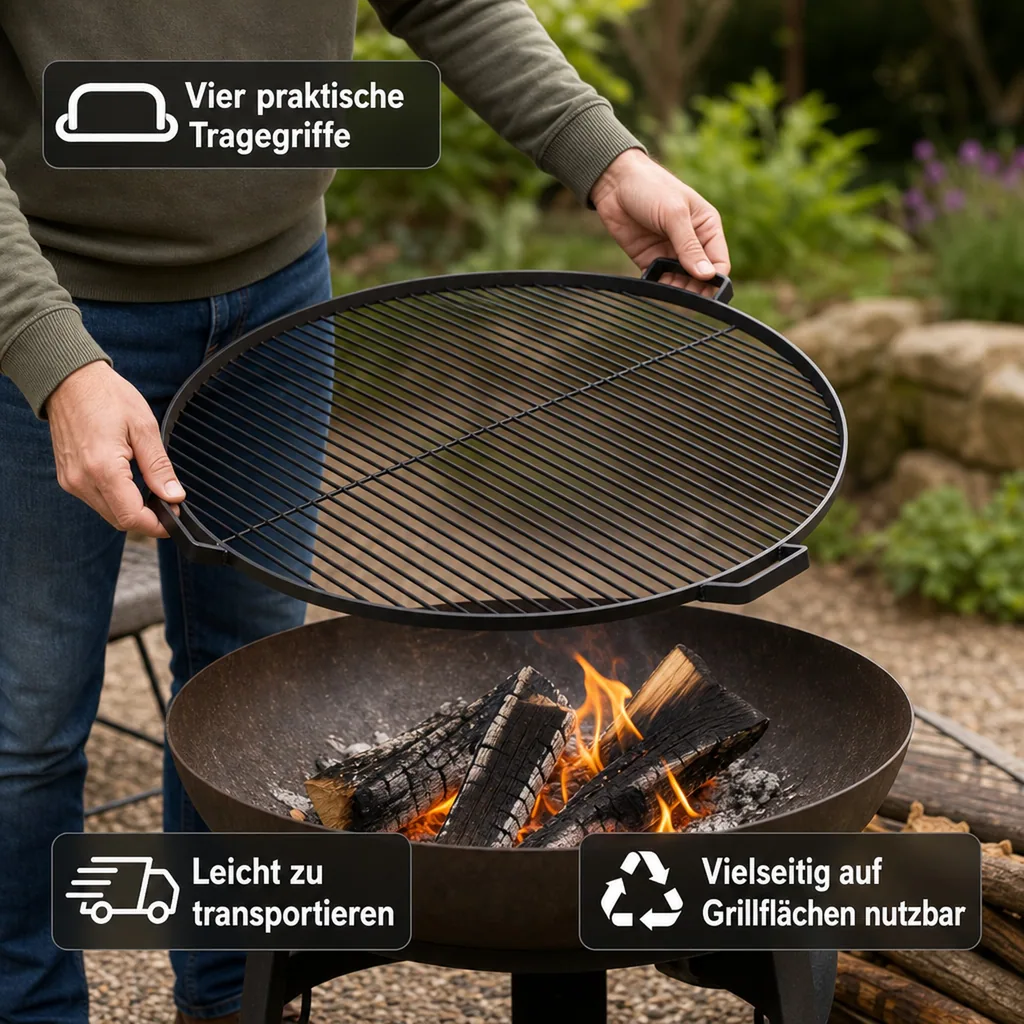 Grillrost 70 cm, für Feuerschale, Stahl Rost mit 4 Griffen