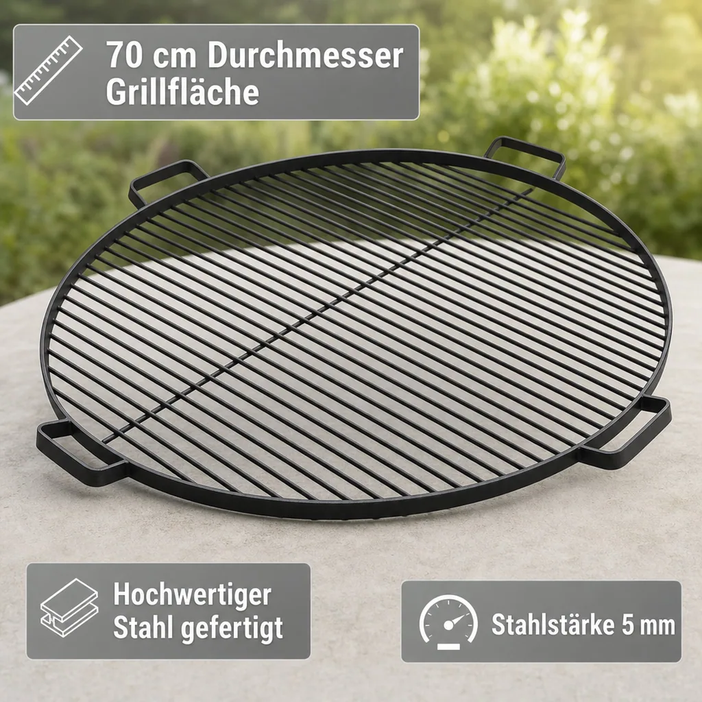 Grillrost 70 cm, für Feuerschale, Stahl Rost mit 4 Griffen
